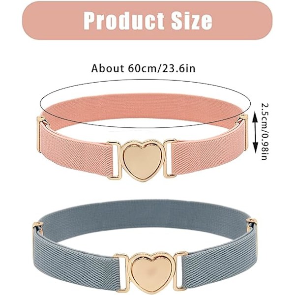 2 stk jentebelter, rosa og grå justerbart stretchbelte, jenter elastisk elastisk belte, justerbart belte med hjerteformet spenne for bukser jeans kjoler