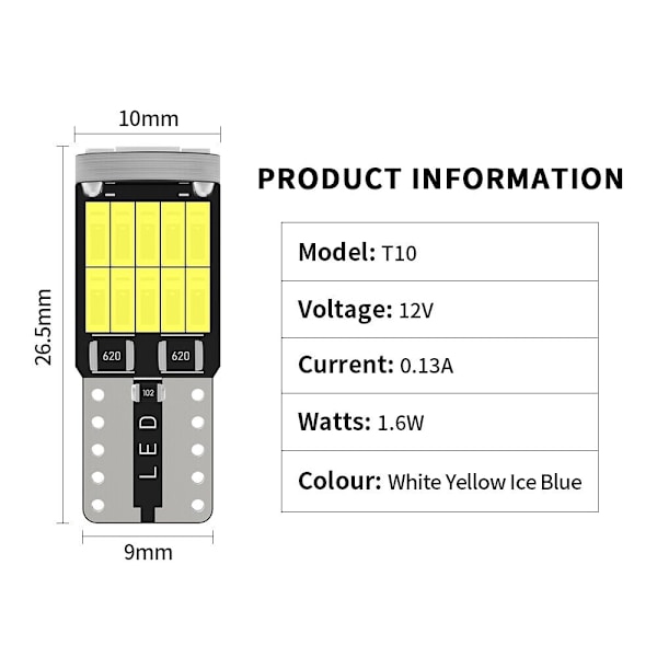 10 stk T10 W5W 194 168 501 LED interiørlys pære skiltlys