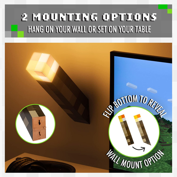 Minecraft fakkellampe med 2 lystilstande, vægmonterbar og
