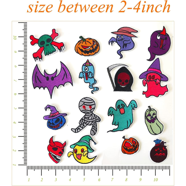 Set med 16 Halloween-tema broderte strykemerker - Assorte