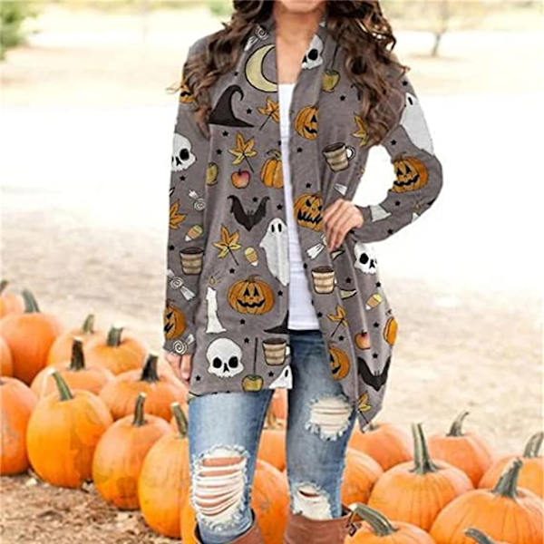 Halloween-katt-pumpa-kofta för kvinnor, långärmad, öppen framtill