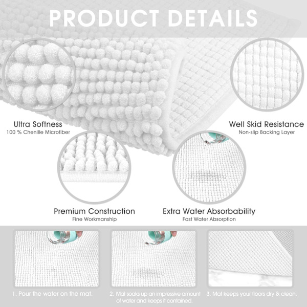 40x60cm(Vit) Badmatta halkfri absorberande badrumsmatta för duschutgång badkar toalett kök mikrofiber chenille maskintvättbar