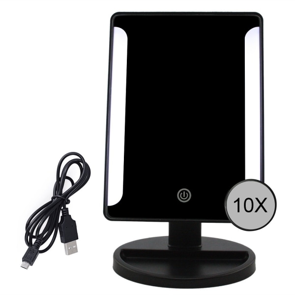 Sort Lighted Spejl, 10X Forstørrende Led Makeup Spejl, Led Spejl, Usb Og Batteri Genopladning, 180° Makeup Spejl, Lighted Forstørrelsesspejl Til Makeup, Barbering