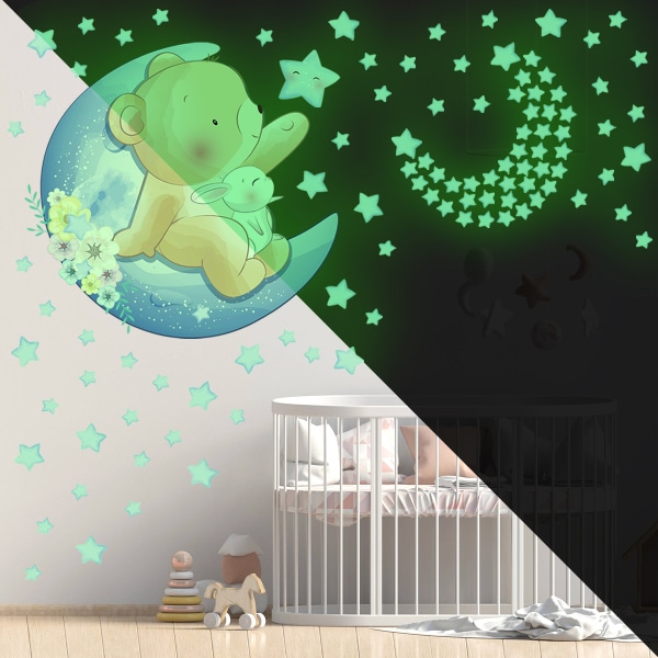 Bear Moon Star Glow -seinätarra Sarjakuvaeläimet Lastenhuone