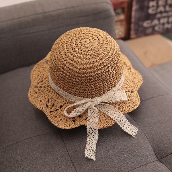 Baby Girl Summer Straw Hat, Khaki, 8-48 Months with Lace Bow and