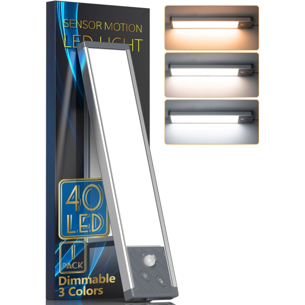 （Grå）Kjøkken under disk lampe, 40 LED skaplys, 3 fargemoduser, dimbar, skaplys med bevegelsessensor, 40 LED lysstripe for soverom, babyrom, verksted, kjellergulv