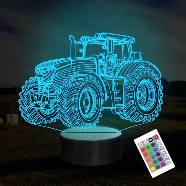 Traktor 3D illusjonsnattlampe, 16 farger skiftende dimbar hologram belysning, smart timer leketøy USB-lader bord skrivebord seng