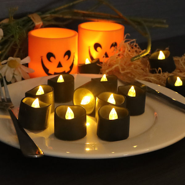 12-pakks LED-lys (svart), flammefri telys, flimrende elektriske lys, innendørs og utendørs stemningsdekorasjon for Halloween, bryllup, fester (1) D