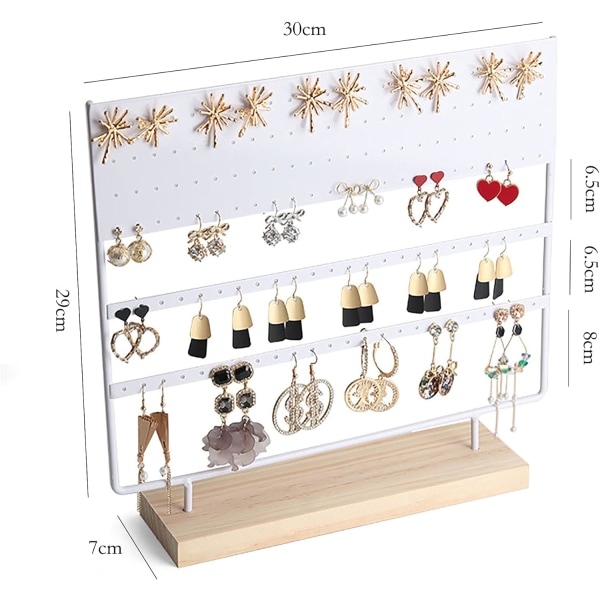 Smykkearrangør, 144 hull (hvit) med trebase, hengende øre