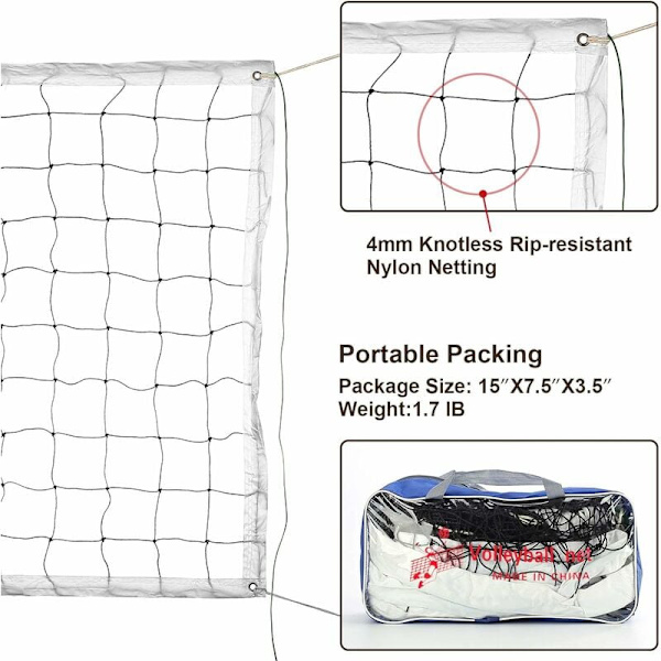 Volleyballnet til udskiftning - Standardstørrelse (9,5 m x 1 m) - med stålkabel - forstærkede sideremse - til strand, have, pool, indendørs og udendørs (kun net)