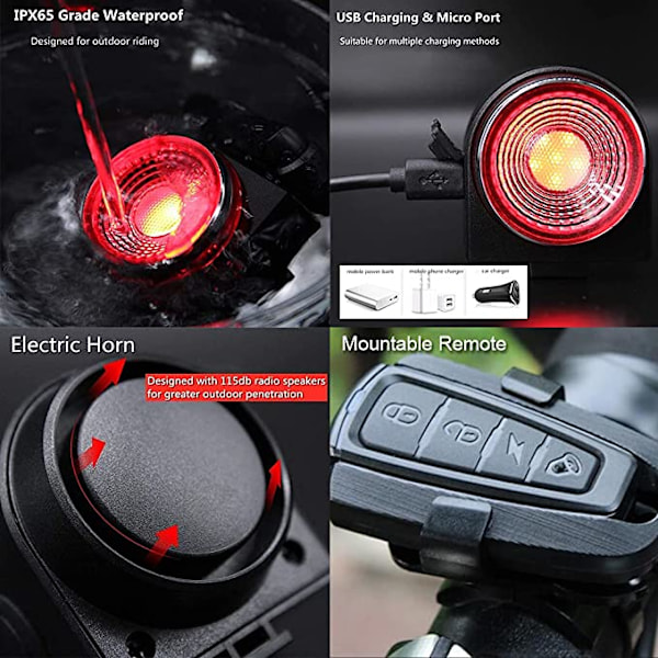 Cykelalarm baglygte USB opladning super lyse baglygter,
