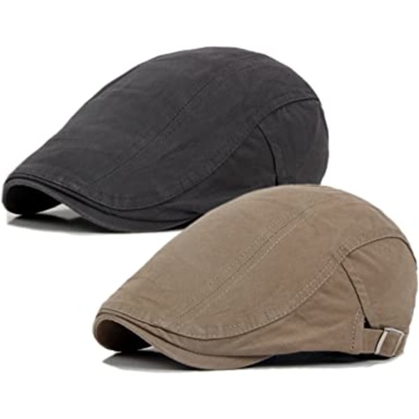 2 Pack Newsboy grå/khaki hatter for menn Flathette bomull justerbar