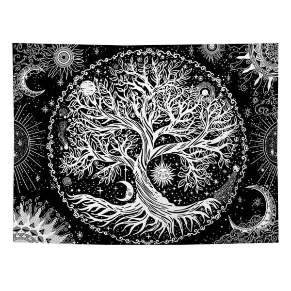 Elämänpuu (130x150cm) Musta kuu ja aurinko Tapestry Psychedelic