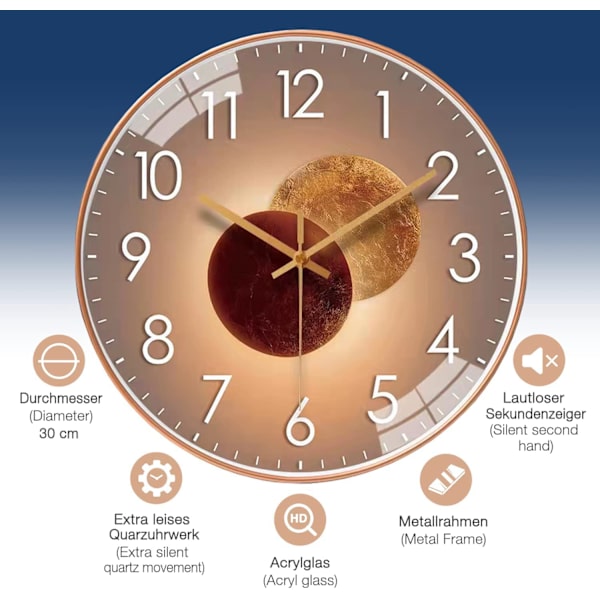 30cm - Rose Gold Tyst Modern Design Väggklocka, Tyst Mute Väggklocka Väggpendel för Sovrum Kök Vardagsrum, Digital Väggklocka för Kontor och Cafeteria