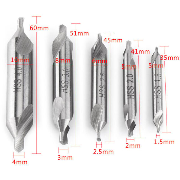 5 stk. Centerbor, dobbeltsidet bor, 60 grader 1,5/2,0/2,5/3,0/4,0mm