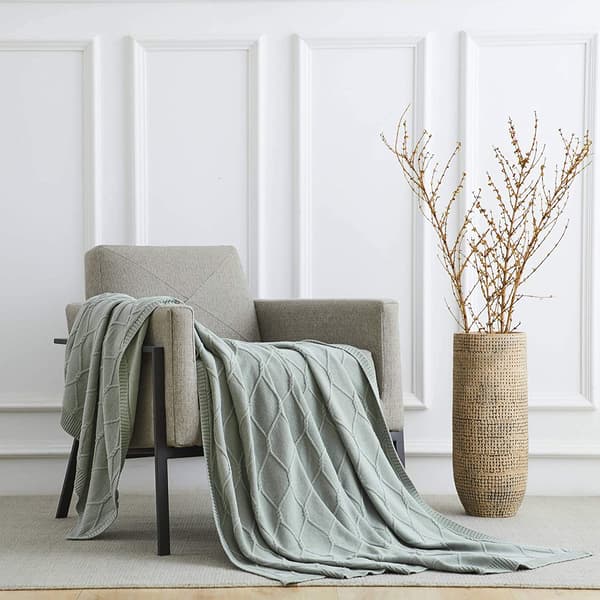 Bomull Salviegrønn Kabelstrikket Teppe for Sofa, Lett