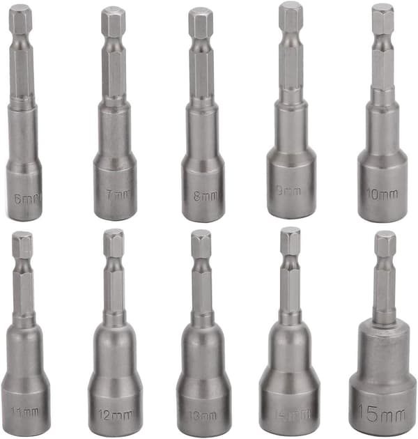 10 st Impact Driver Bit Set 6-15mm Magnetisk Hex Socket Set Magne