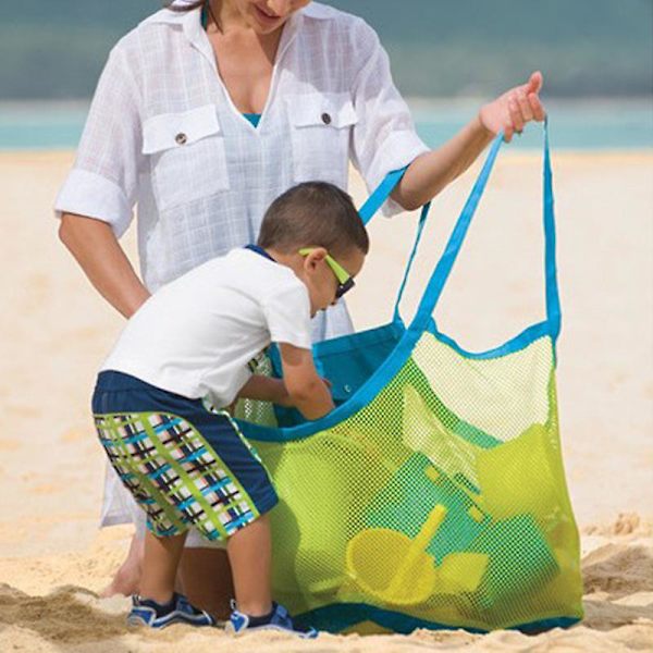 Sommer Børn Mesh Strand Legetøj Opbevaring Tote Taske Tøj Organiser Foldbar Stor Skulder Pung 45*30*45cm