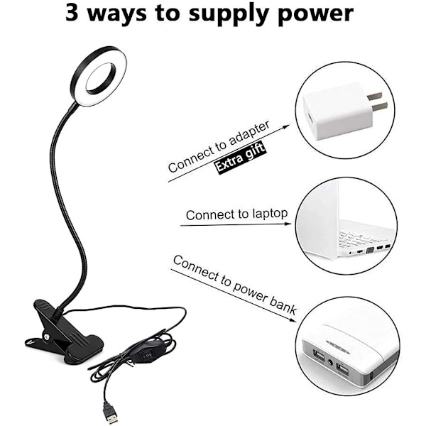 6W LED USB-læselampe med klips til bærbar computer, bog, klaver, seng