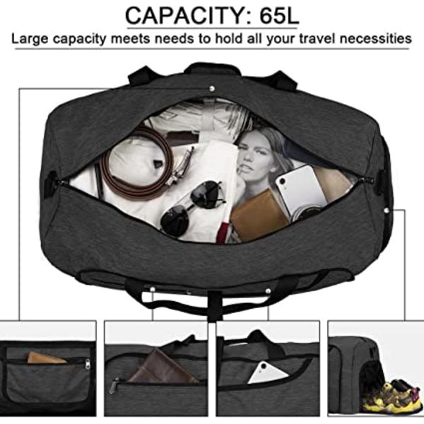 65L Sort, Foldbar Duffel Bag Mænd Vandafvisende Stor Letvægt