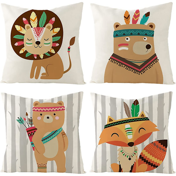 45x45CM, sett med 4 putetrekk i lin, fargerike tegneseriefigurer