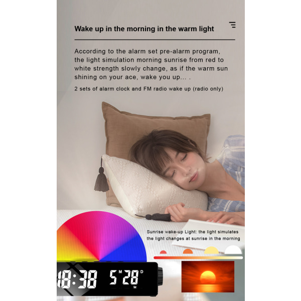 Syv-farvet lys vækkeur (hvid), 3 wake-up modes, analog n
