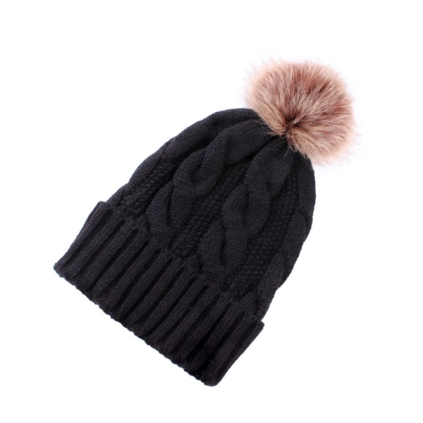 Dame strikket hue varm tyk pelsbold cap (sort)