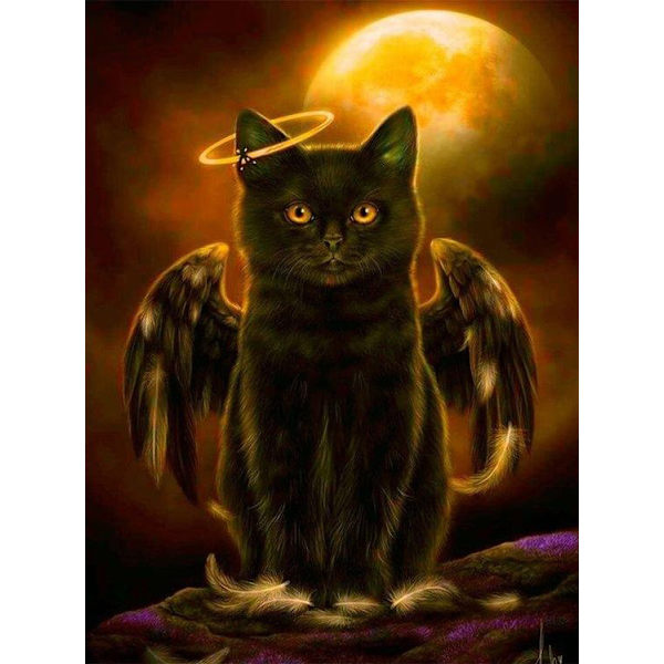 30x40CM Handgjord 5D Art Diamond Painting-Black Angel Cat, lämplig