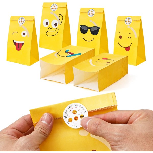 24 stk. Emoji slikpose, gavepose i papir med 24 klistermærker, lille fødselsdagsslikpose, gavepose i papir med 8 mønstre, til indpakning, kiks, fudge, fest, bryllup, 22x12x8 cm