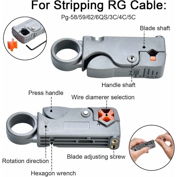 Avstrippingstenger Kompresjonstenger Sett Koaksialkabelavstripper Kompresjonskrimpingstenger for RG58 RG59 RG6 RG-62 Koaksialkabel, TV-kabel