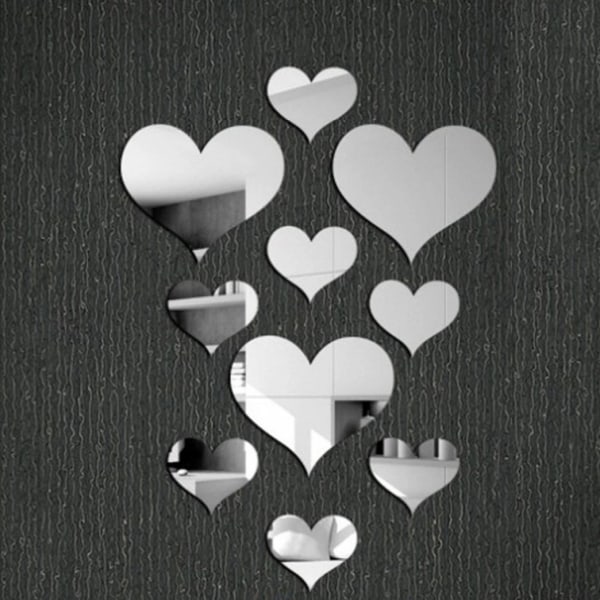 (Sølv) Mirror Wall Stickers, 3D Crystal Double Love Heart Acry
