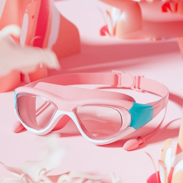 Rosa färg barn simglasögon med öronproppar, anti-dimma UV-skydd