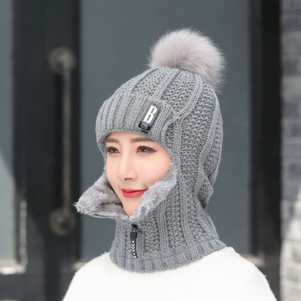 Women Winter Wool Knit Hat Windproof Zip Neck Ears Cover Fleece C