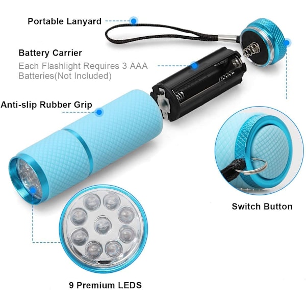 9 LED Glow in Dark Lommelygter, 4 Pakke Gummi Overtrukne Små Lommelygter