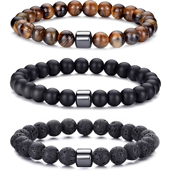 Tiger Eye Perlearmbånd til Mænd - Elastisk 8MM Naturstensarmbånd Sæt Lava Sten Armbånd Gaver til Søn Barnebarn B
