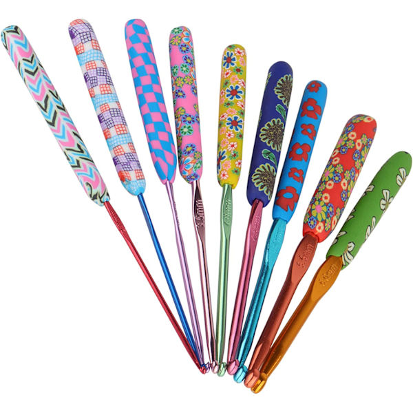 Set med 9 flerfärgade metallkrokar, mjuka handtag, med blommigt grepp