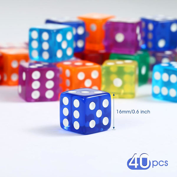 40 kappaletta värikkäitä noppaa (6-sivuinen, 16 mm) läpikuultava sarja peleihin