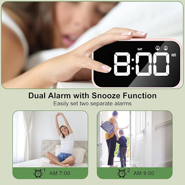 Rosa digital LED-väckarklocka med snooze-funktion, 2 larm, USB