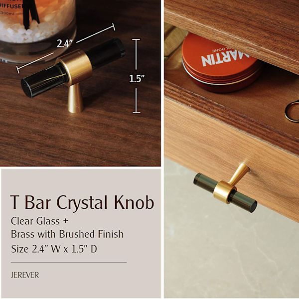 Sett med 5 messing glass-skap knotter T-bar håndtak kommode skuff