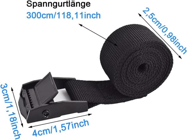 4 surringsstropper 3m med strammelås, 25mm stropp, svart