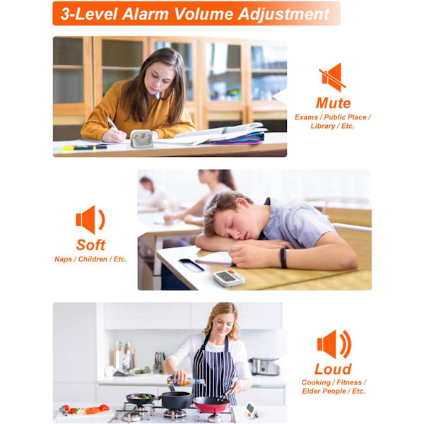 Multifunktionel digital køkkentimer med urfunktion, hurtig indstilling, 3 lydstyrkeniveauer, magnetisk backup, foldbart stativ