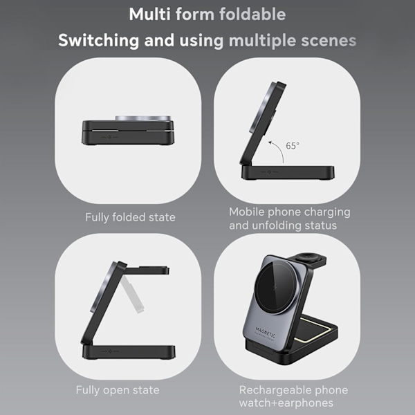 Vikbar 3-i-1 Laddstation för Apple, 15W Snabb Magnetisk Portabel Trådlös Laddare, Vikbar Trådlös Reseladdare