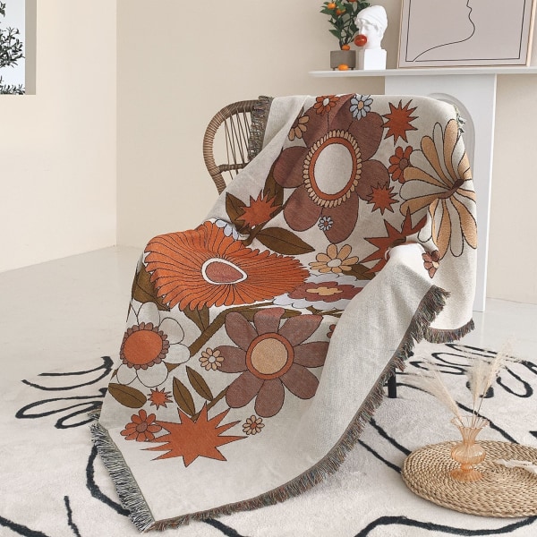 1 stk 160x130cm strikket blomsterruteteppe dekorert med frynser