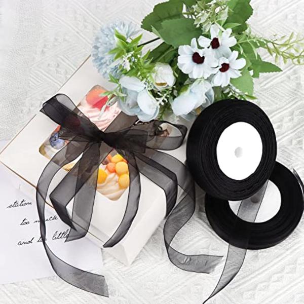 2 rullar organza band (svart band), transparent chiffong ri