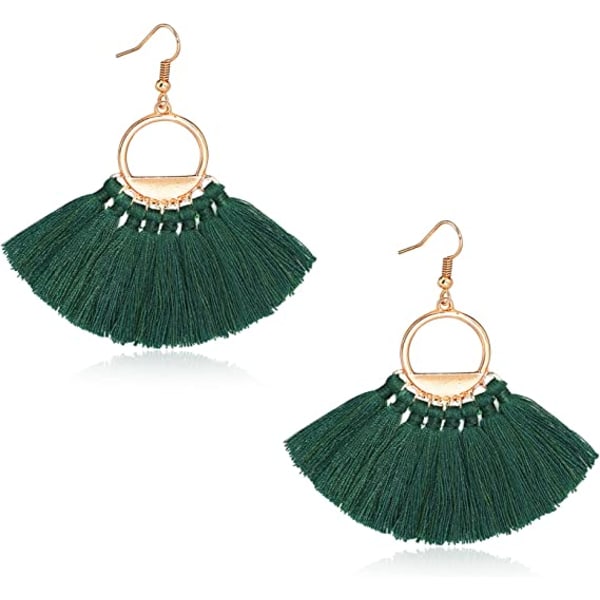 Personalized Cotton Thread Tassel Fan shaped Earrings (Green), B