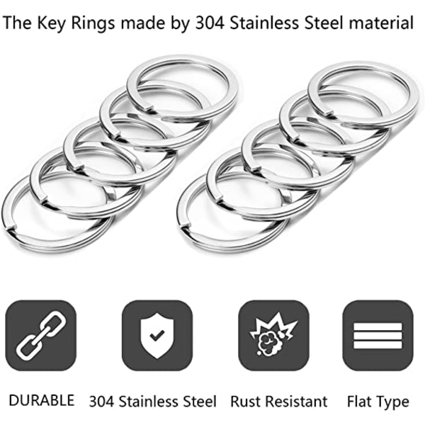 100 pakker rustfritt stål nøkkelringer, 25mm nøkkelringer, flate nøkkelringer
