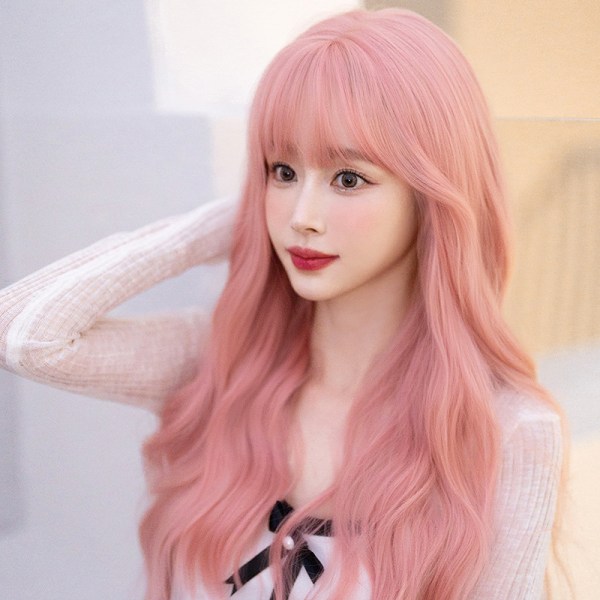 Parykk kvinnelig langt hår nytt rosa parykksett sommer naturlig søt f