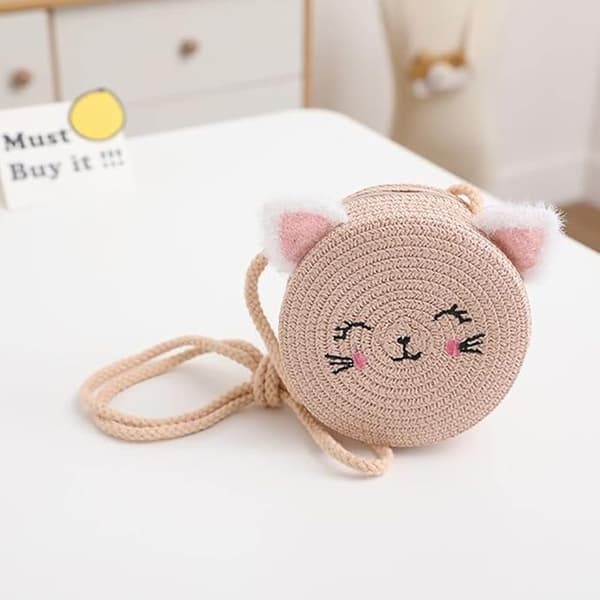 Barn och flickors katt halmhatt väska set (rosa), blomma söt
