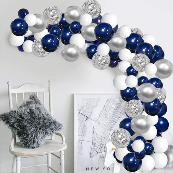 Marinblå födelsedagsballong, silverkonfettiballong, blå vit B