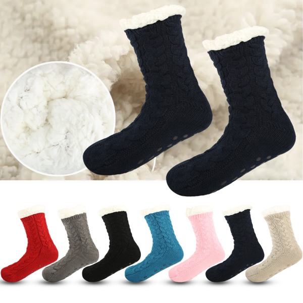 1 par (rosa) vinterstrikkede sokker for kvinner, myk fleecefôret Plus